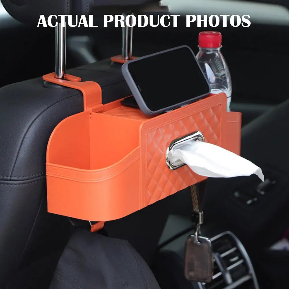 Car Storage Box - Multi-Functional Backseat Organizer with Tissue Box, Cell Phone Holder, and Cup Holder, Custom Fit For Your Cars, Car Accessories - Delicate Leather