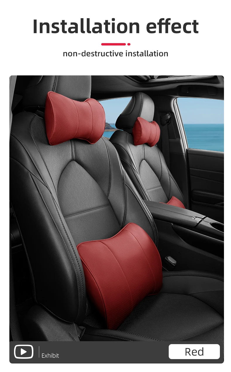 Premium Leather Fiber Car Seat Neck Pillow: Universal Headrest Lumbar Waist Cushion for All Car Models - Delicate Leather