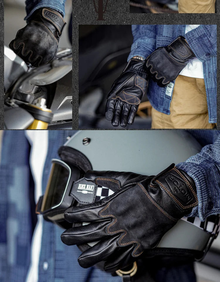 Men's Locomotive Retro Motorcycle Riding Gloves - Cowhide Leather, Anti-Slip, Touchscreen, Windproof, Vintage - Delicate Leather