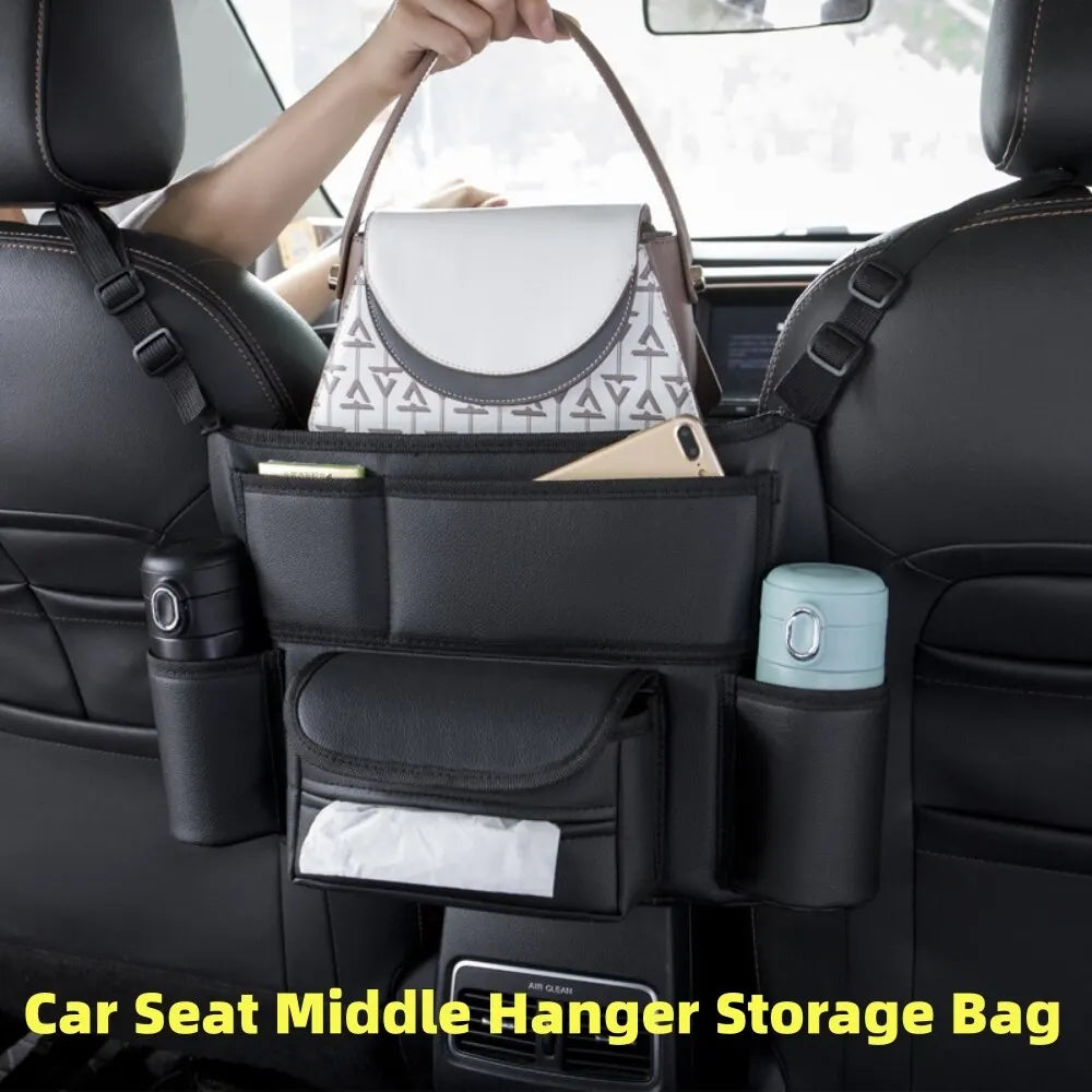 Car Seat Middle Hanger Storage Bag - Auto Handbag Holder Between Seats with Tissue and Water Cup Pockets - Interior Stowing and Tidying Solution - Delicate Leather