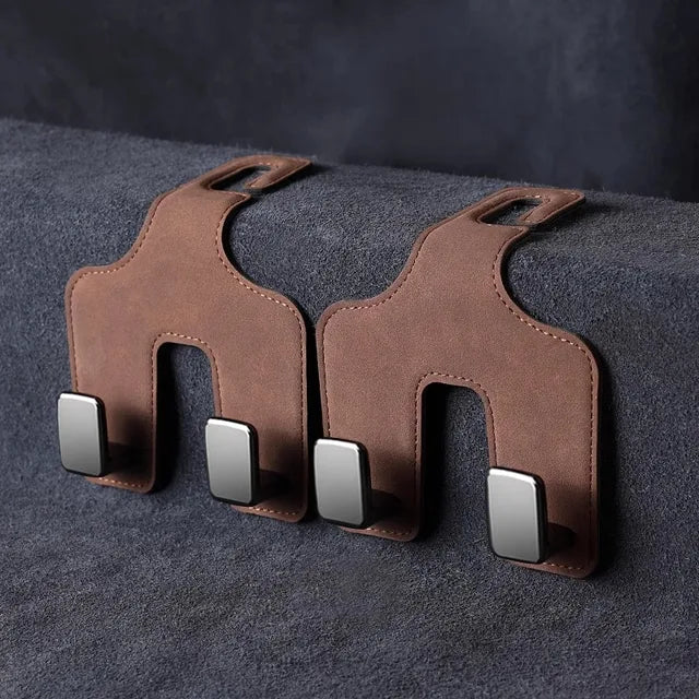 Car Seat Back Hook with Hidden Double Hooks - Upgraded Rear Interior Bag Storage and Small Item Collection - Delicate Leather