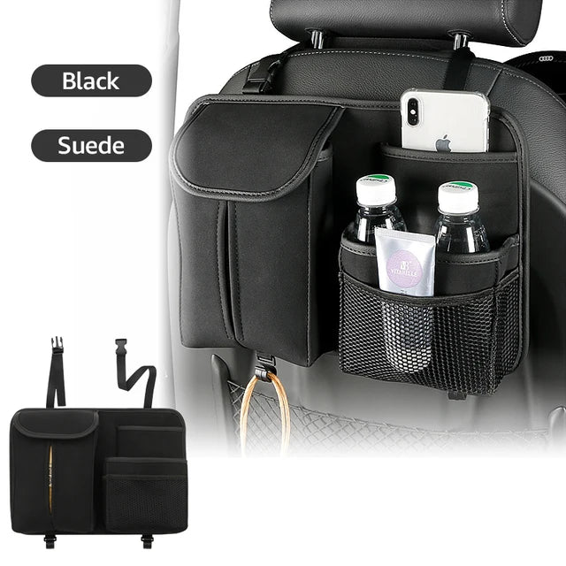 Car Seat Storage Bag - Multi Hanging Pocket Trunk Bag with Hook - Delicate Leather