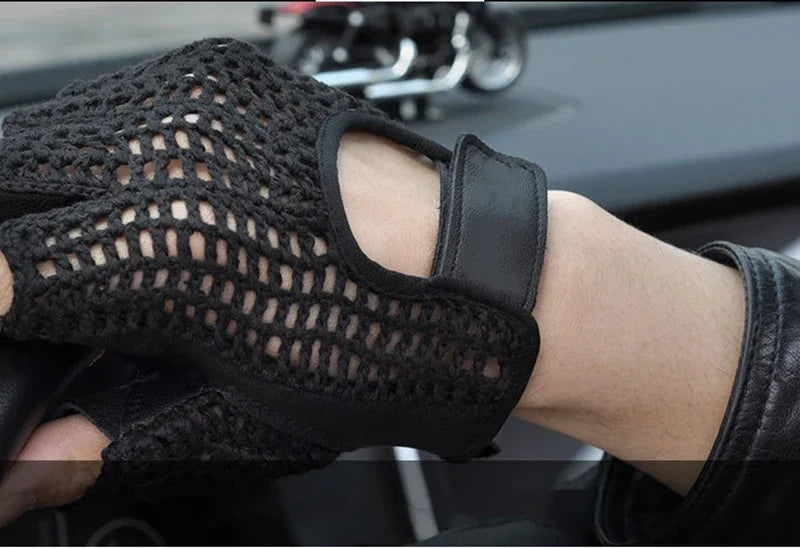 Mesh Half Finger Leather Gloves - Motorcycle Riding, Handguard, Non-slip, Breathable Driving Gloves Accessories - Delicate Leather