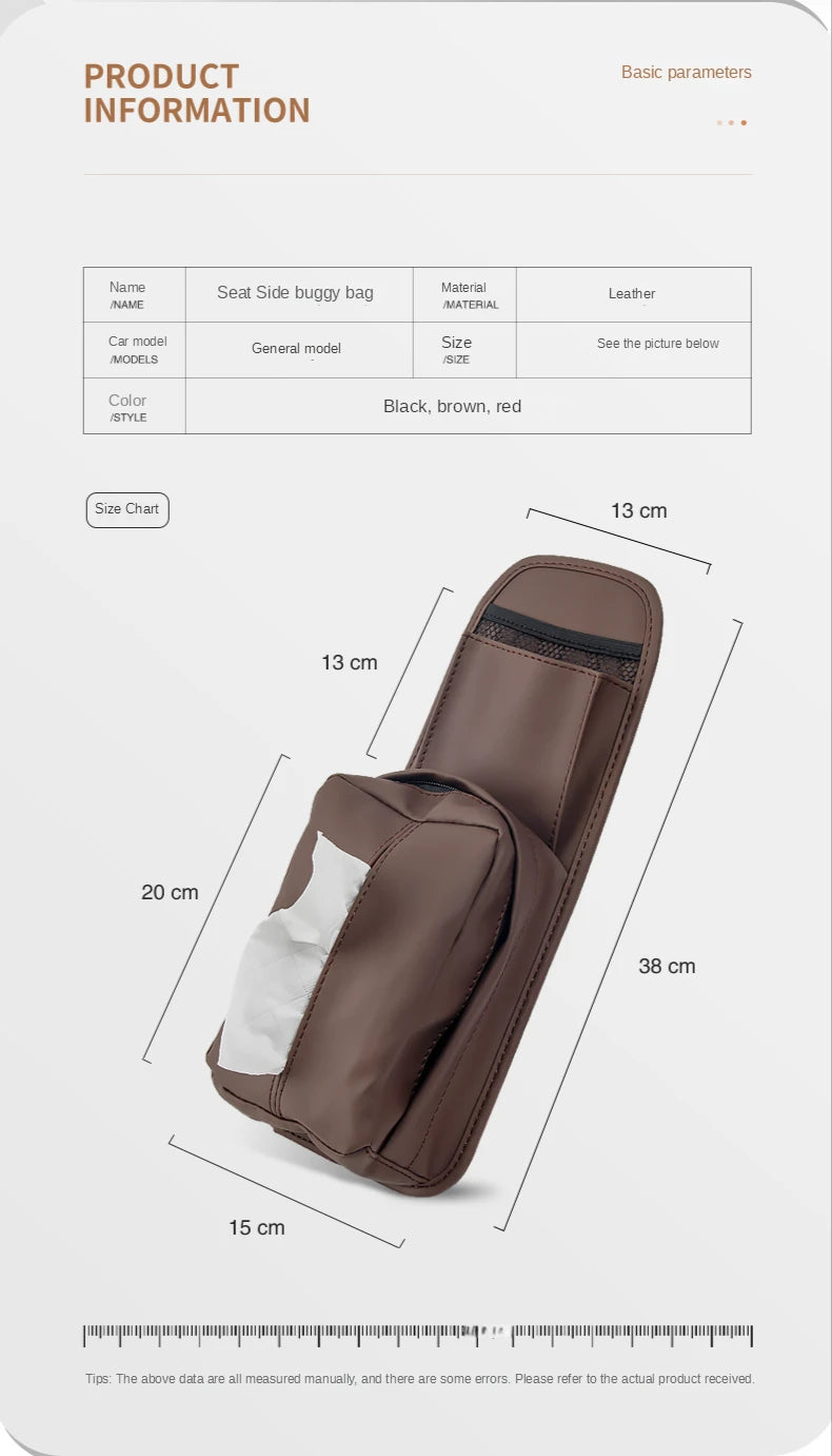 Leather Car Seat Side Storage Bag - Universal Hanging Auto Seat Organizer with Tissue Box Holder and Mesh Pocket