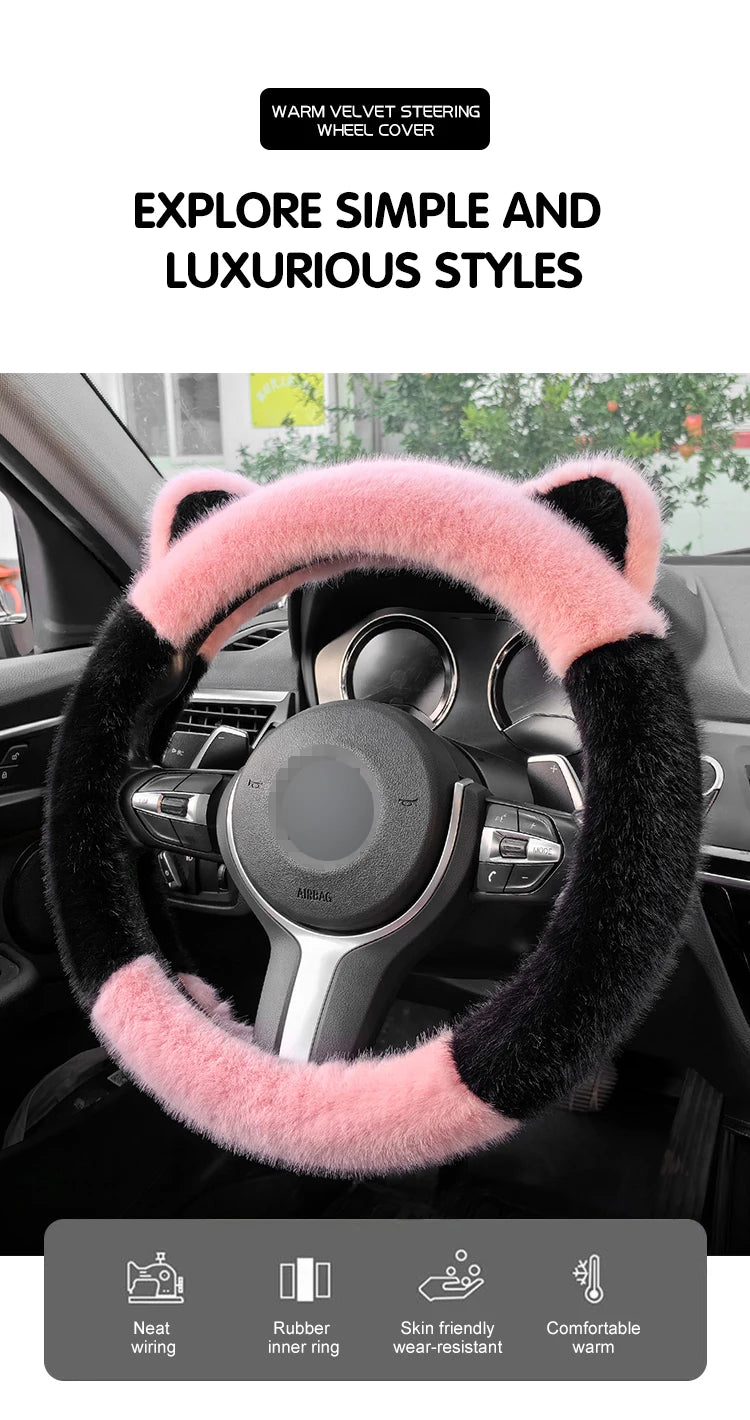 Winter Plush Soft Short Hair Car Steering Wheel Cover - High Density Cute Decoration Steering Wheel Anti Slip Protection Cover - Delicate Leather