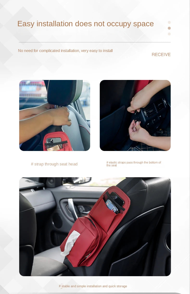 Leather Car Seat Side Storage Bag - Universal Hanging Auto Seat Organizer with Tissue Box Holder and Mesh Pocket