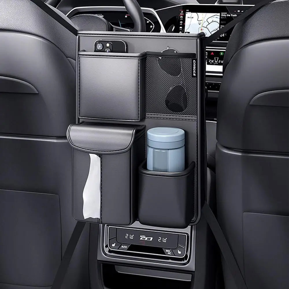 Car Front Seats Between Storage Bag - Auto Seat Back Handbag Holder and Tissue Box with Multiple Pockets - Delicate Leather