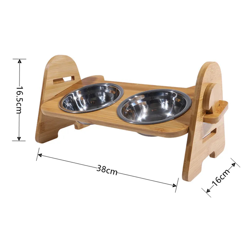 Elevated Stainless Dog Bowls with Bamboo Stand Tilted Adjustable Raised Puppy Cat Food Water Bowls Holder Pet Feeder Accessories - Delicate Leather