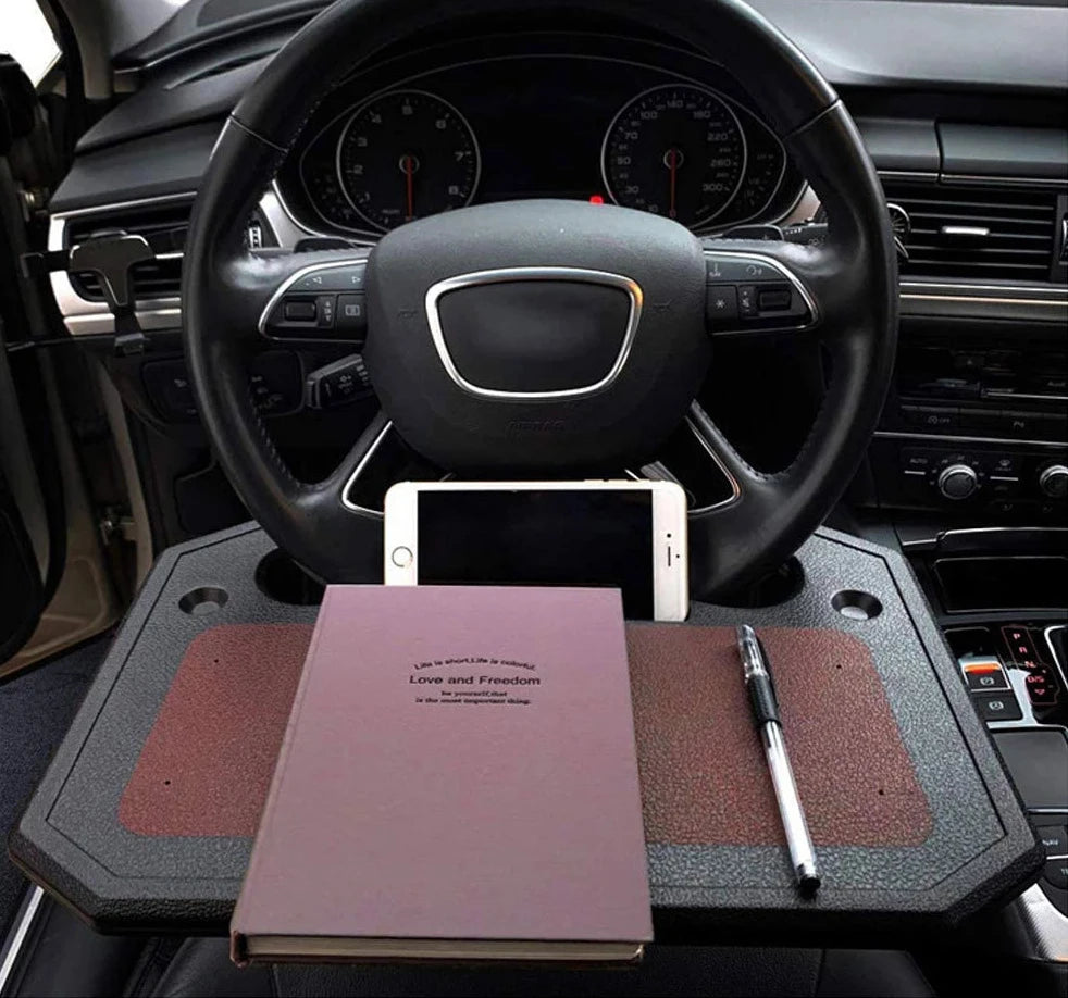 Universal Car Table Steering Wheel Tray - Eat, Work, Drink, Coffee, Laptop Desk Stand, Custom fit for Car - Delicate Leather