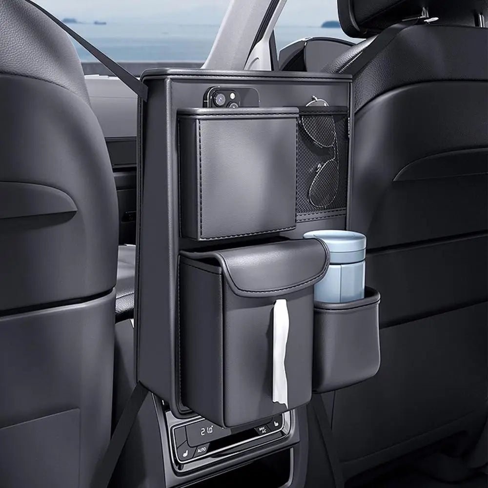 Car Front Seats Between Storage Bag - Auto Seat Back Handbag Holder and Tissue Box with Multiple Pockets - Delicate Leather