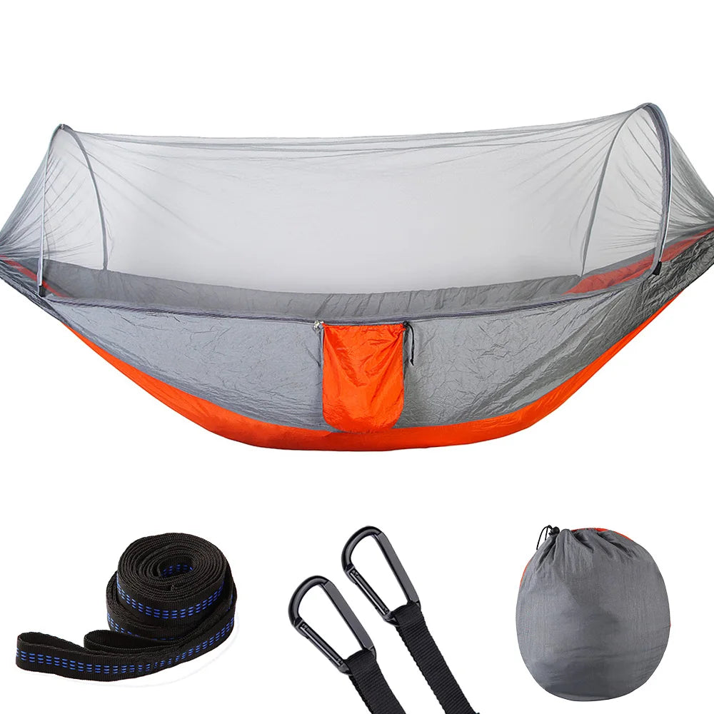 Premium Lightweight Camping Hammock with Integrated Pop-Up Mosquito Net: Durable Parachute Material, Portable Outdoor Swing Sleeping Hammock for Campers - Delicate Leather