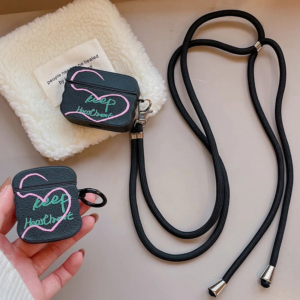 Simple Heart English Corter Leather Case For AirPods Pro 2, AirPods 3, 1 Wireless Earphone Cover with Crossbody Lanyard Rope