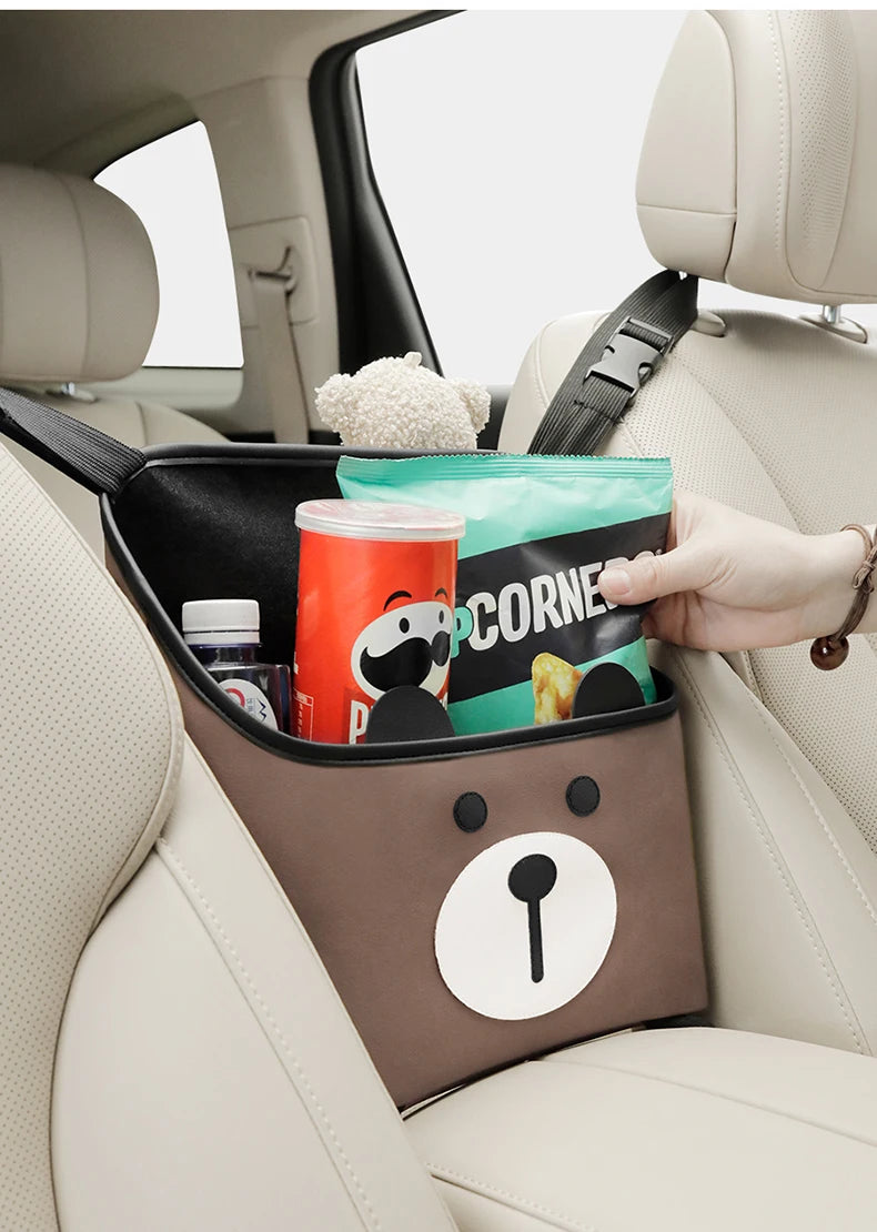Car Organizer Storage Bag for Middle of Car Seat - Cartoon Cute Leather Material