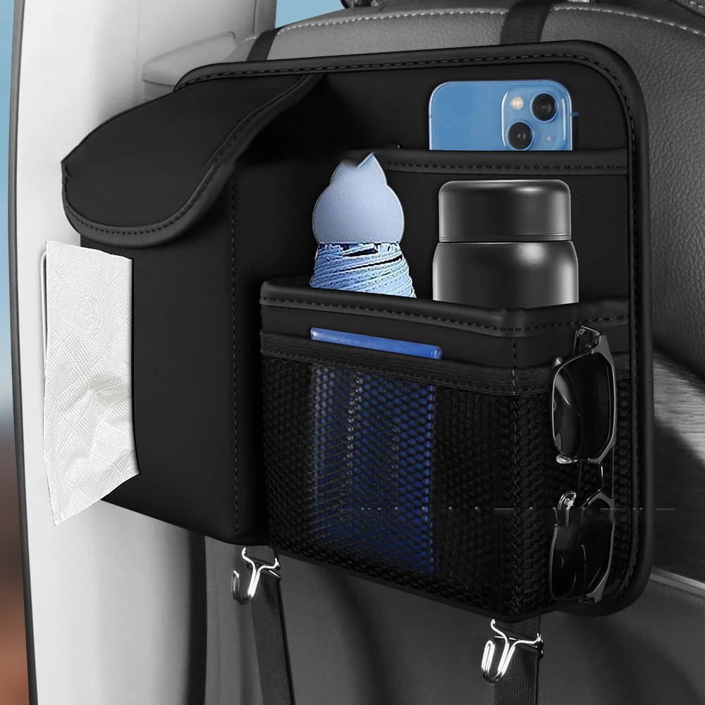 Car Seat Storage Bag - Multi Hanging Pocket Trunk Bag with Hook - Delicate Leather