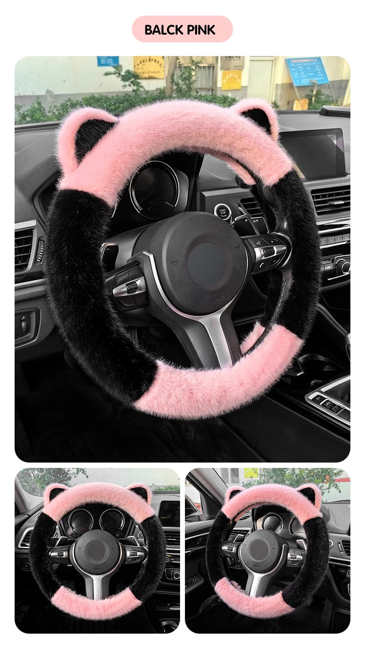 Winter Plush Soft Short Hair Car Steering Wheel Cover - High Density Cute Decoration Steering Wheel Anti Slip Protection Cover - Delicate Leather