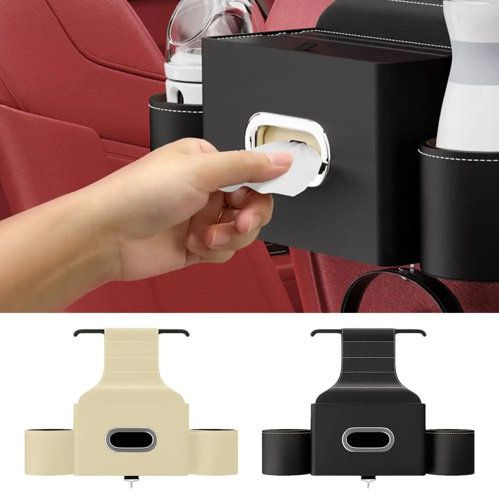Car Seat Back Tissue Box with 2 Cup Holders and Auto Headrest Hook - 3-in-1 Car Backseat Storage Box Organizer - Delicate Leather