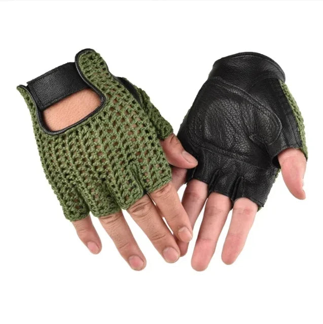 Leather Mesh Fingerless Gloves - Motocross, Fishnet, Car Driving, Tactical, Motorcycle Accessories, Work, Cycling Men's Gloves