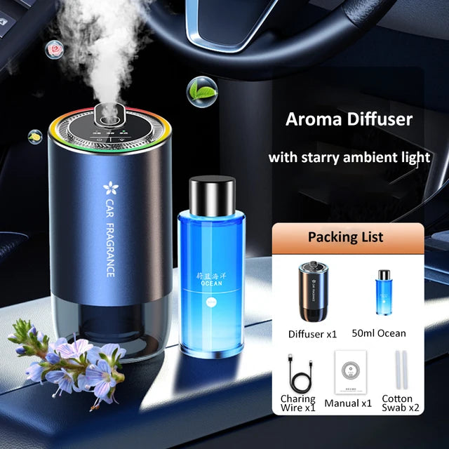 Car Aroma Diffuser with LED Starry Ambient Light - 50ml Cologne Perfume Air Freshener - Delicate Leather