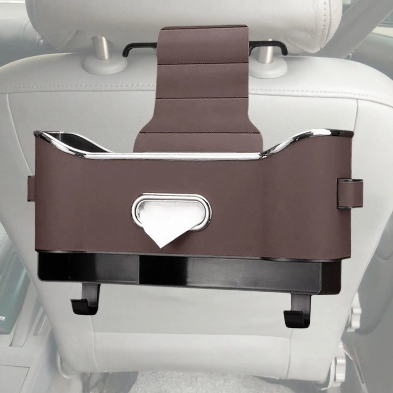 Premium PU Leather Car Headrest Backseat Organizer with Drink Cup Holder and Storage Box - 1 PCS - Delicate Leather