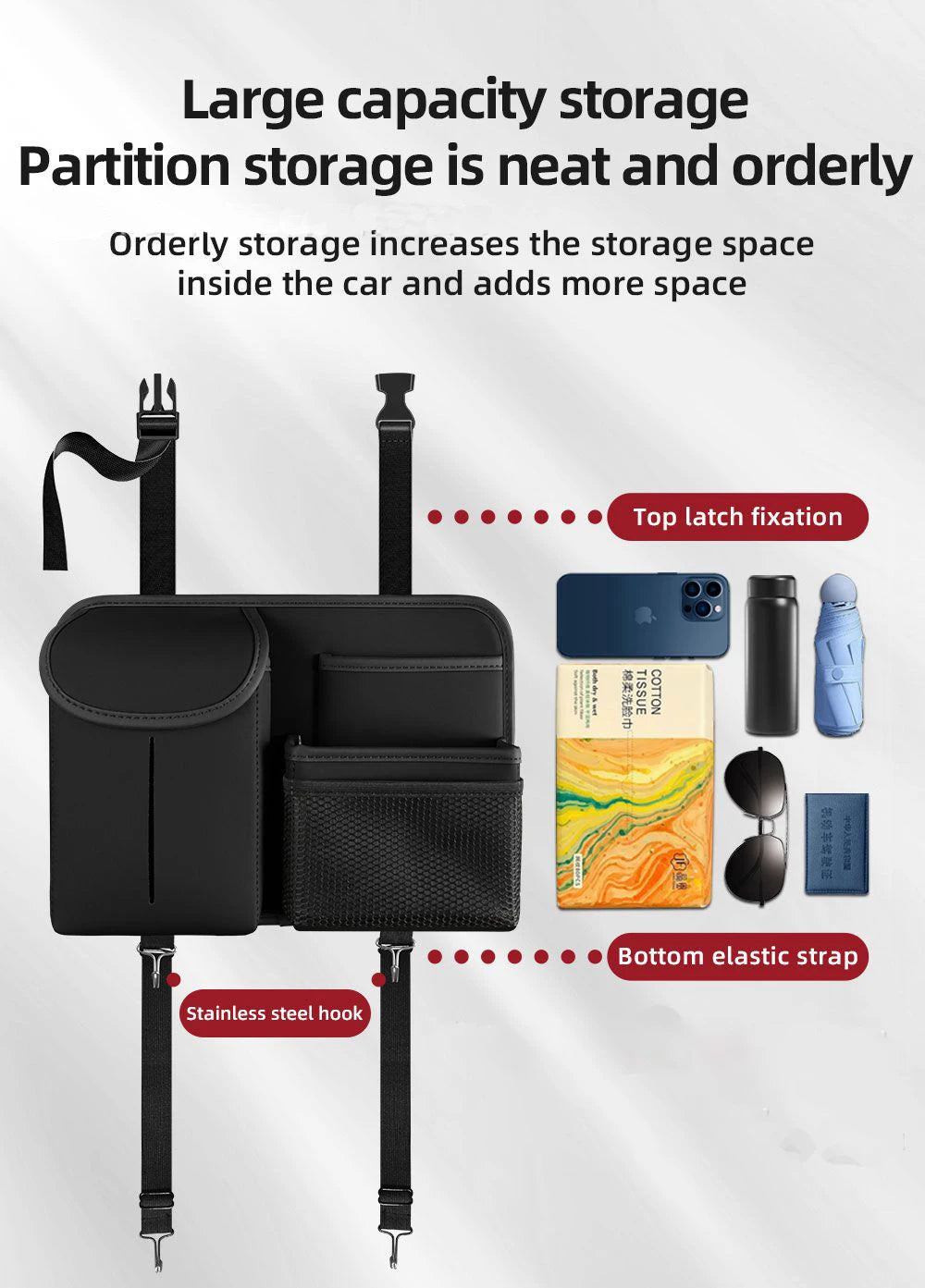 Car Seat Storage Bag - Multi Hanging Pocket Trunk Bag with Hook - Delicate Leather