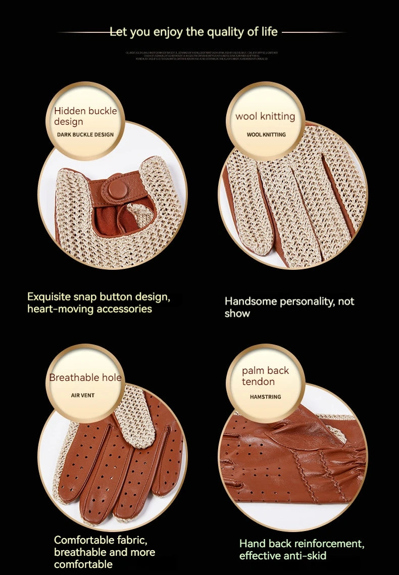 Autumn and Winter Men's Knitted Wool Motorbike Leather Driving Gloves - Delicate Leather