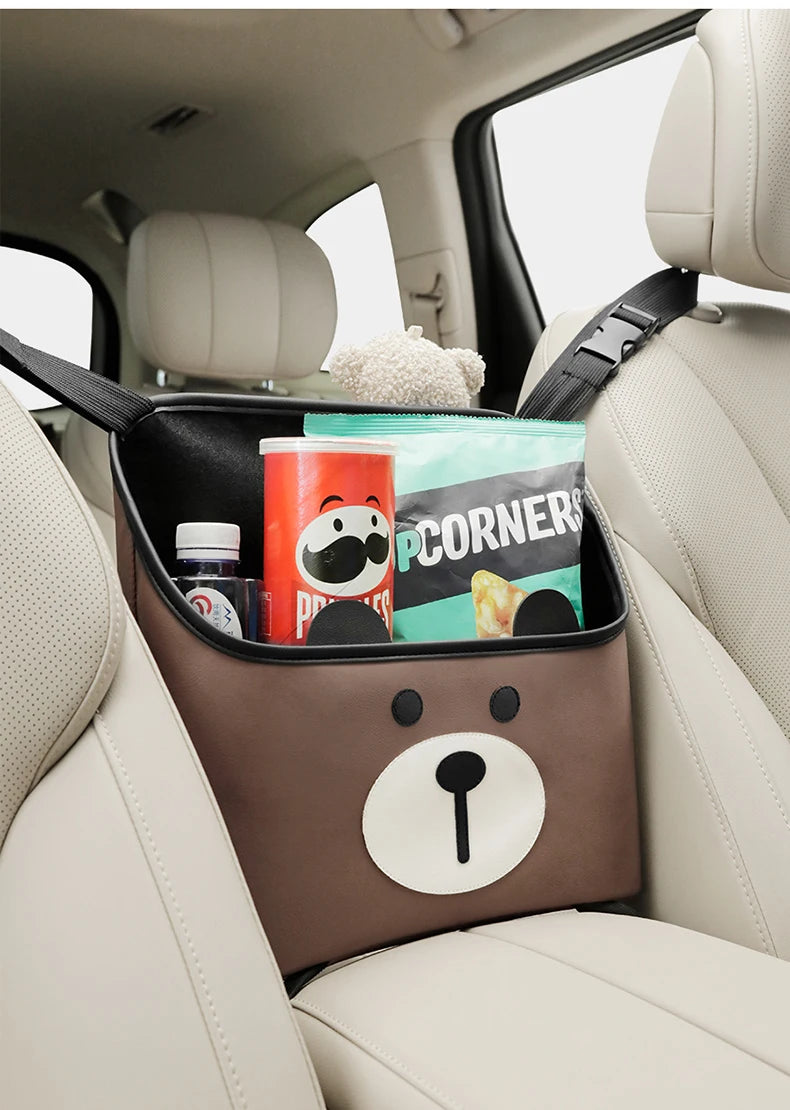 Car Organizer Storage Bag for Middle of Car Seat - Cartoon Cute Leather Material