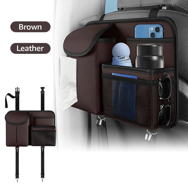 Car Seat Storage Bag - Multi Hanging Pocket Trunk Bag with Hook - Delicate Leather