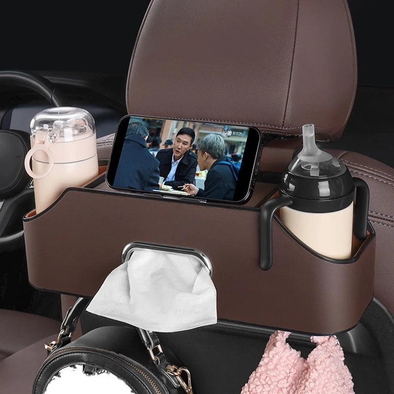 Multifunctional Car Seat Back Organizer with Insulated Cup Holders, Tissue Box, Cell Phone Holders, and Storage Compartments for Clutter-Free Travel - Delicate Leather