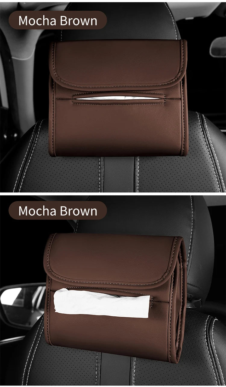 Leather Car Tissue Box Cover for Sun Visor, Seat Back, and Armrest - Suede Texture Tissue Holder for Car Interior - Multi-Position Installation Tissue Storage Case - Available in Red, Brown, and Black - Delicate Leather