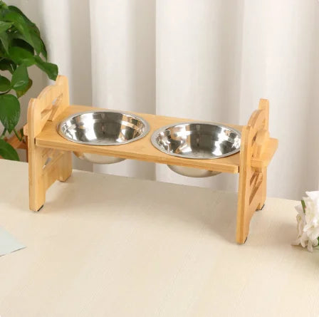 Elevated Stainless Dog Bowls with Bamboo Stand Tilted Adjustable Raised Puppy Cat Food Water Bowls Holder Pet Feeder Accessories - Delicate Leather