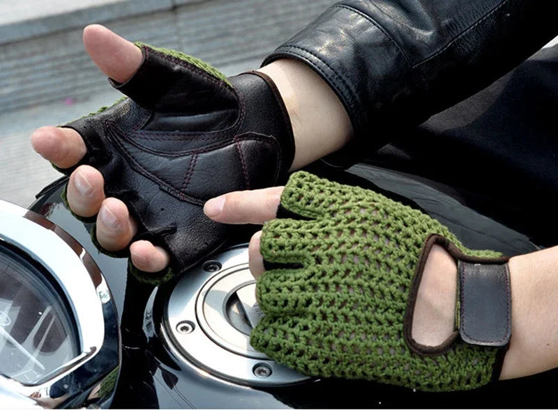 Mesh Half Finger Leather Gloves - Motorcycle Riding, Handguard, Non-slip, Breathable Driving Gloves Accessories - Delicate Leather