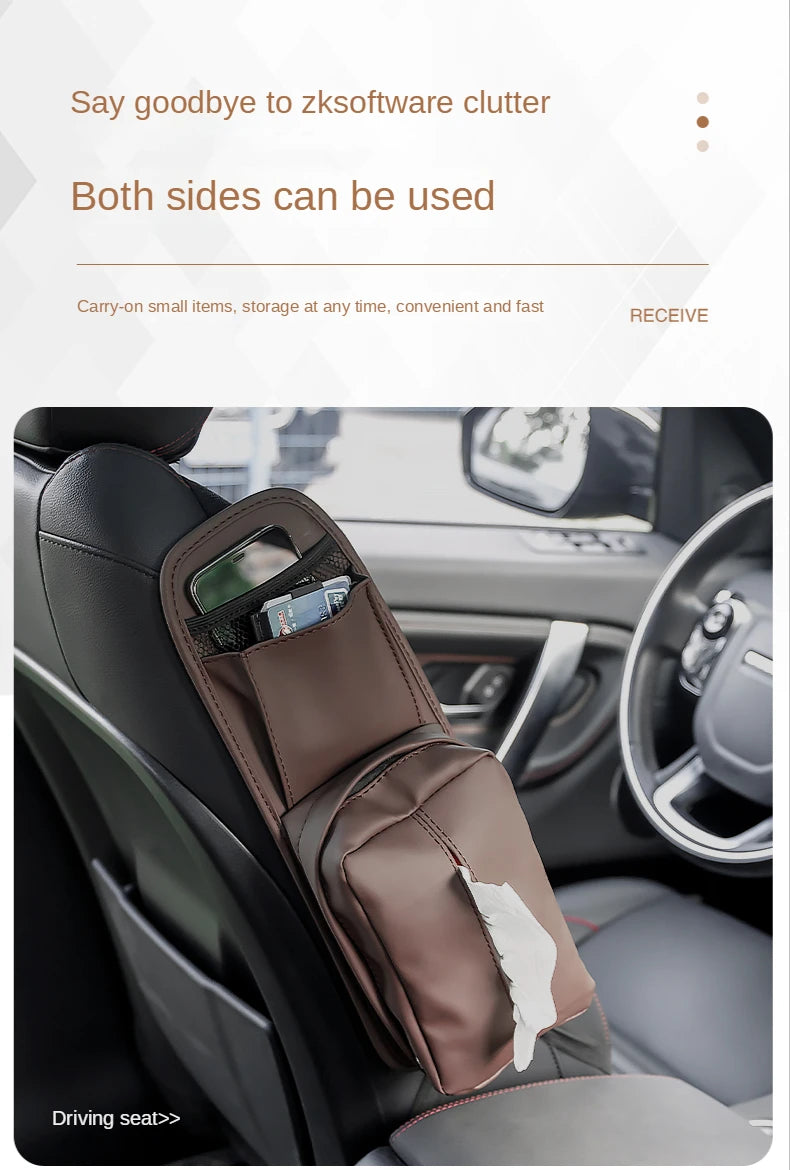 Leather Car Seat Side Storage Bag - Universal Hanging Auto Seat Organizer with Tissue Box Holder and Mesh Pocket