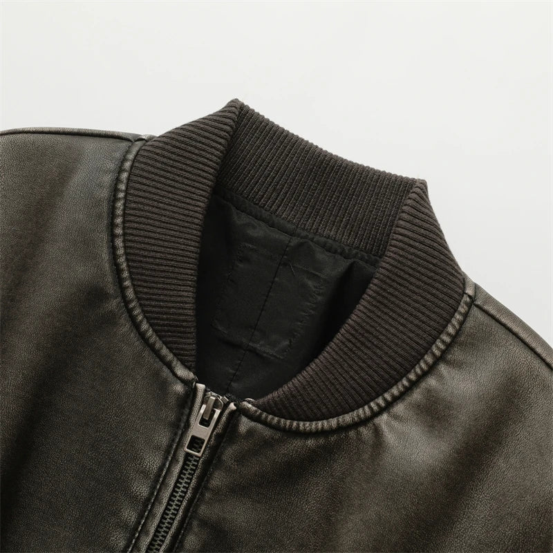 Women's 2024 New Vintage Imitation Leather Bomber Jacket Coat - Women's Style