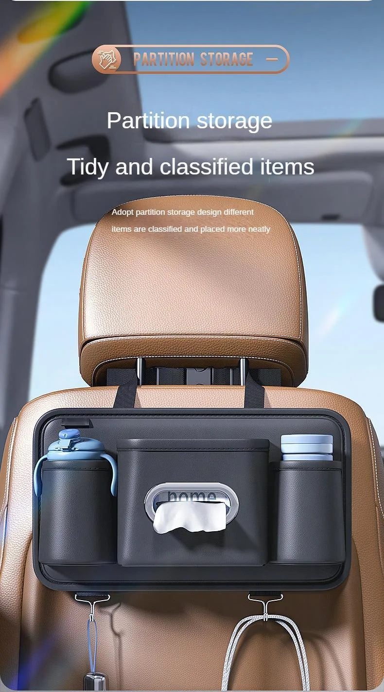 Luxury Leather Car Backseat Organizer with Cup Holder, Tissue Box, Seat Back Hook Hanger, Bottle Holder, and Paper Napkin Storage Bag - Universal Fit for Vehicle Headrests - Delicate Leather