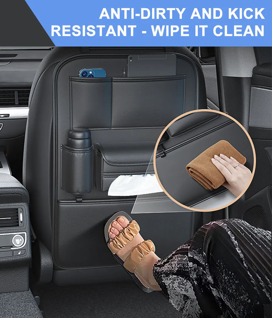Car Seat Back Storage Bag - Multifunctional Anti-Kick Mats and Large Capacity Organizer Protector Pad, Custom Fit For Your Cars, Car Accessories - Delicate Leather