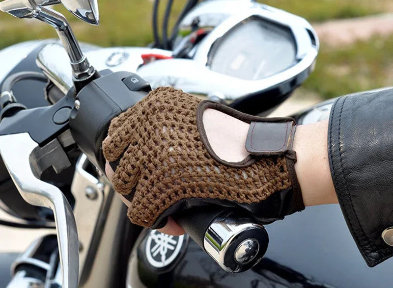 Mesh Half Finger Leather Gloves - Motorcycle Riding, Handguard, Non-slip, Breathable Driving Gloves Accessories - Delicate Leather