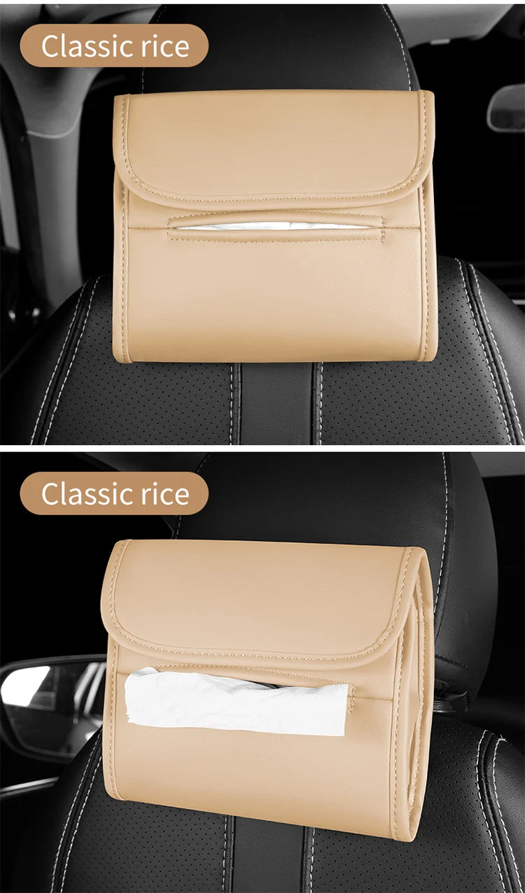 Leather Car Tissue Box Cover for Sun Visor, Seat Back, and Armrest - Suede Texture Tissue Holder for Car Interior - Multi-Position Installation Tissue Storage Case - Available in Red, Brown, and Black - Delicate Leather