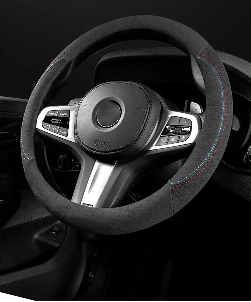 Car Steering Wheel Cover - Cowhide Suede Steering Wheel Wrap - Universal 37-38cm Breathable Steering Cover