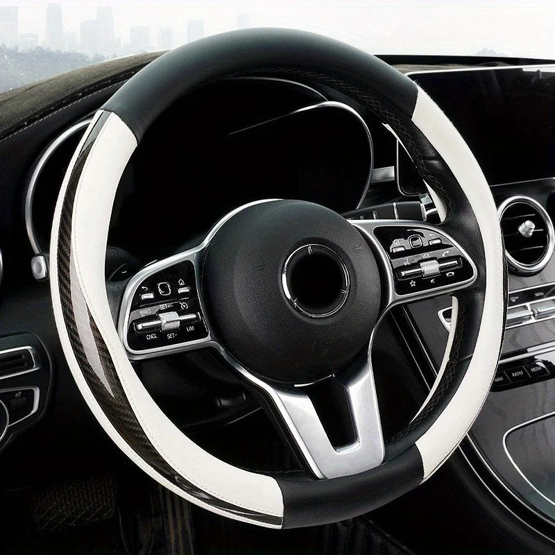 1pc Car Steering Wheel Cover - Breathable Anti-Slip Black and White Carbon Fiber PU Leather Steering Cover - Delicate Leather