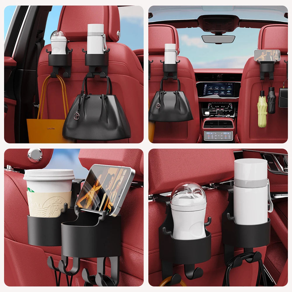 New Car Seat Headrest Hook Hanger Storage Organizer with Cup Holder - Universal Fit for Vehicle Car Accessories - Delicate Leather