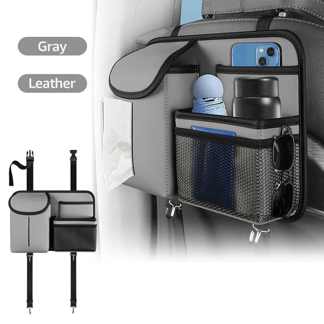 Car Seat Storage Bag - Multi Hanging Pocket Trunk Bag with Hook - Delicate Leather