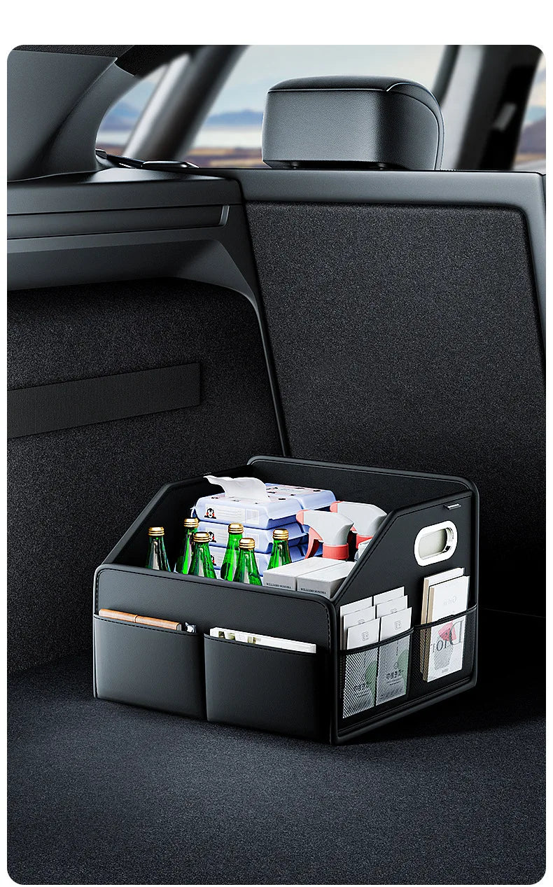 Car Trunk Organizer Storage Box - PU Leather Folding Collapsible Cargo Boot Organizer - Delicate Leather