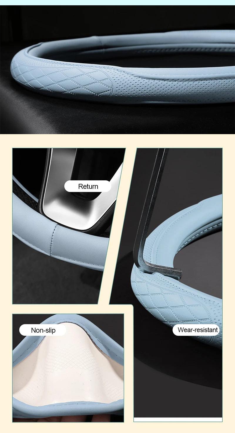 Motopets Car Anti-Slip Leather Steering Wheel Cover - Universal Protective Cover Fashion Style for 38cm Type D Steering Wheels - Delicate Leather