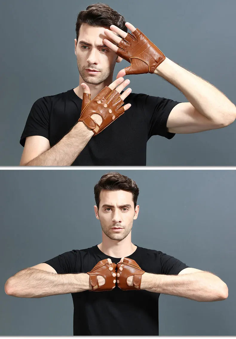 Leather Half Finger Gloves - Men's Fitness, Thin Sports, Non-slip Driving, Motorcycle, Bike, Goatskin Gloves - Delicate Leather
