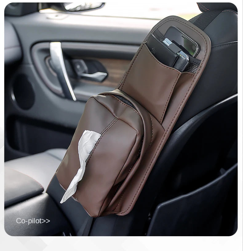 Leather Car Seat Side Storage Bag - Universal Hanging Auto Seat Organizer with Tissue Box Holder and Mesh Pocket