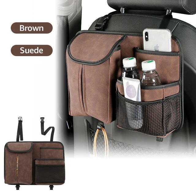 Car Seat Storage Bag - Multi Hanging Pocket Trunk Bag with Hook - Delicate Leather
