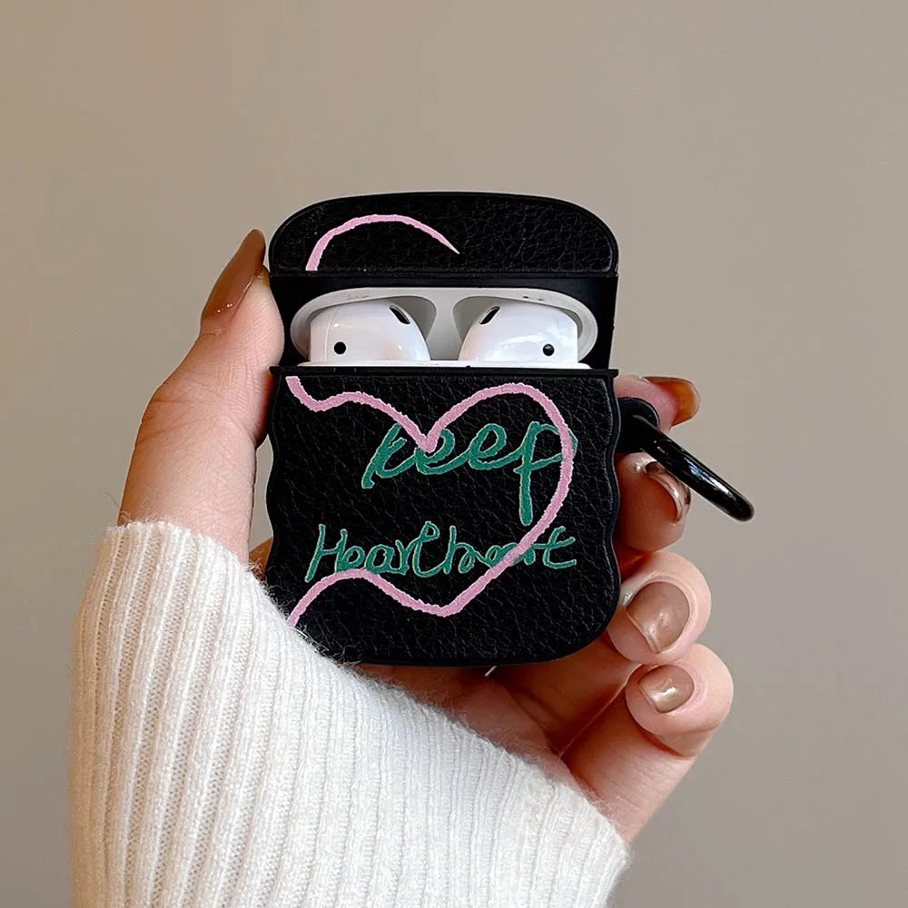 Simple Heart English Corter Leather Case For AirPods Pro 2, AirPods 3, 1 Wireless Earphone Cover with Crossbody Lanyard Rope