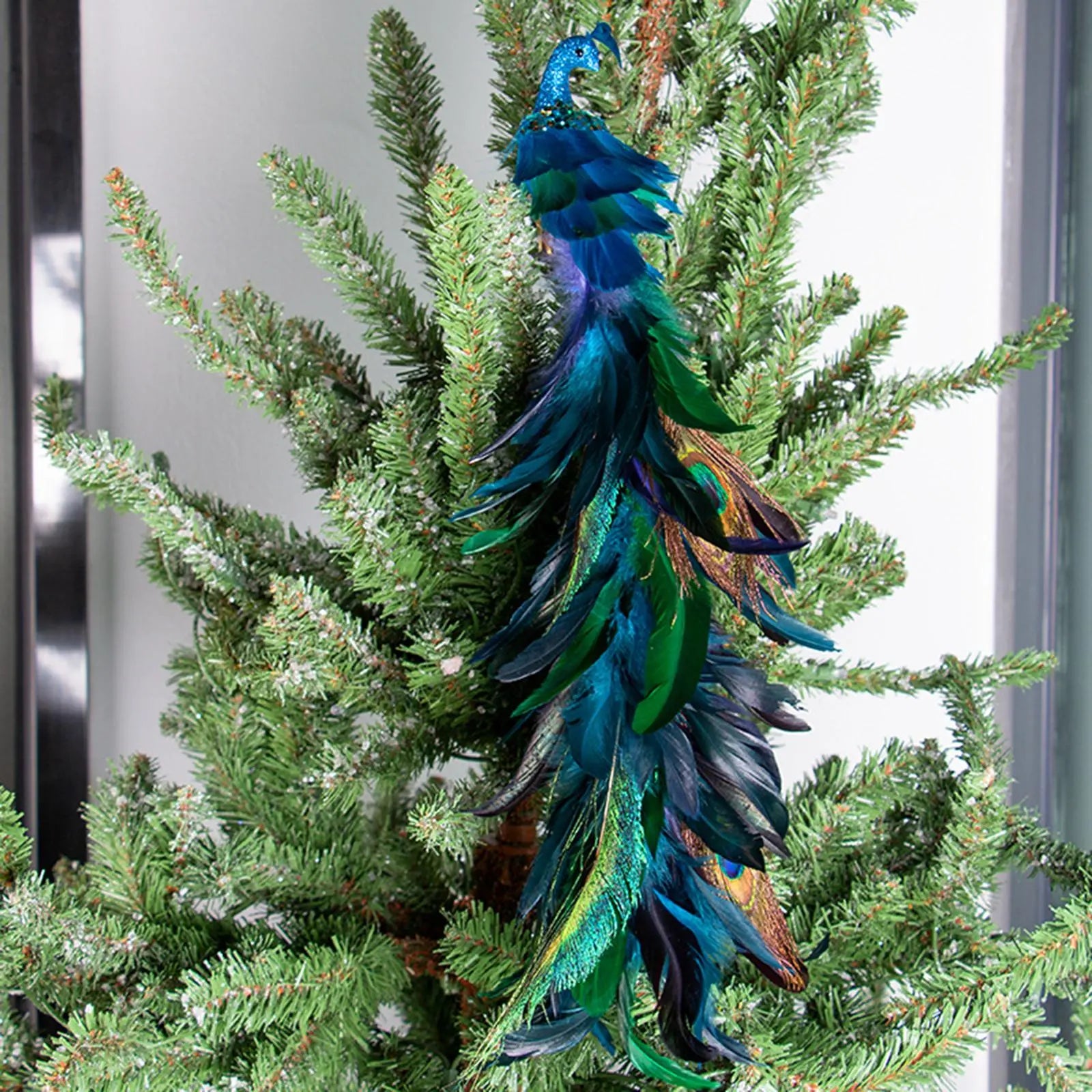 Turquoise Peacock Decor Xmas Tree Hanging Decoration with Clip Craft Faux Peacock Glittered Bird for Festival Party Accessories