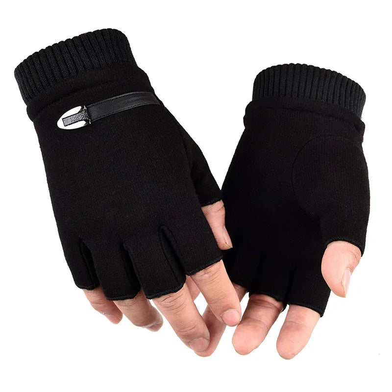 Men’s Driving Half Finger Gloves - Autumn Winter Outdoor Riding Warm Sports Gloves - Delicate Leather
