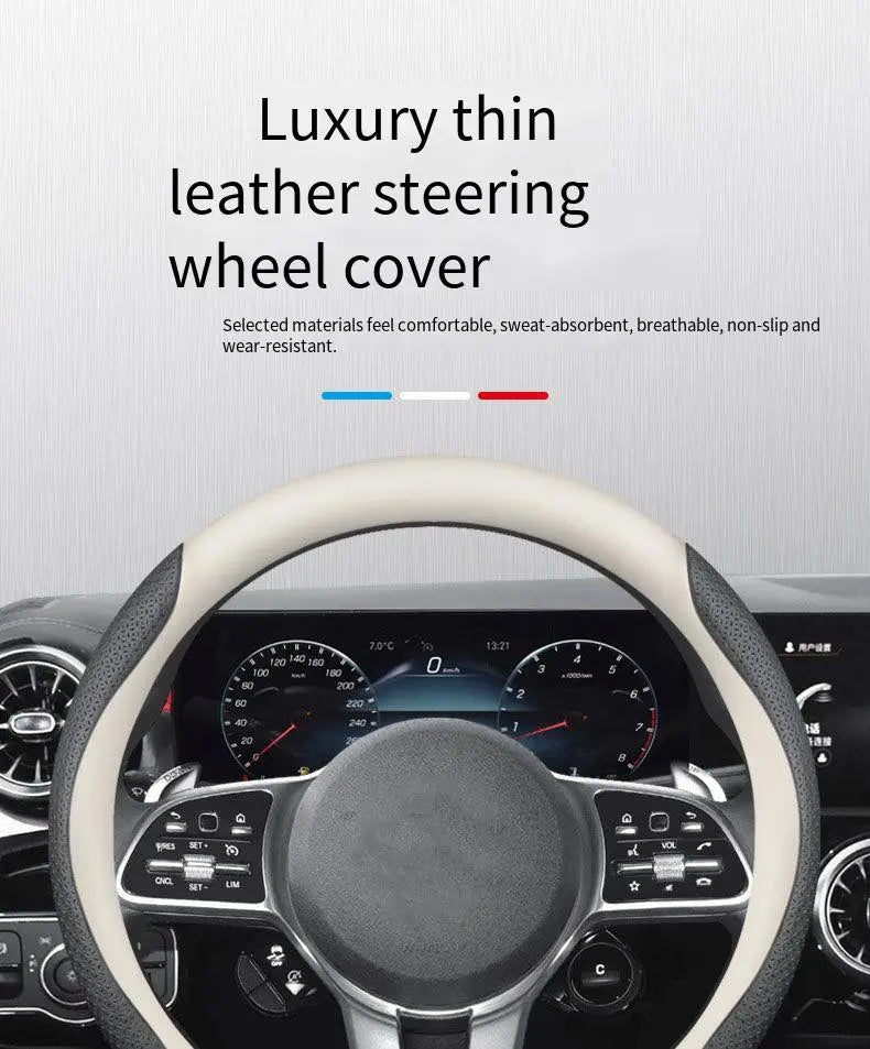 For Car Leather Steering Wheel Cover - 38CM Non-slip, Wear-resistant, Sweat Absorbing, Fashion Sports - Delicate Leather